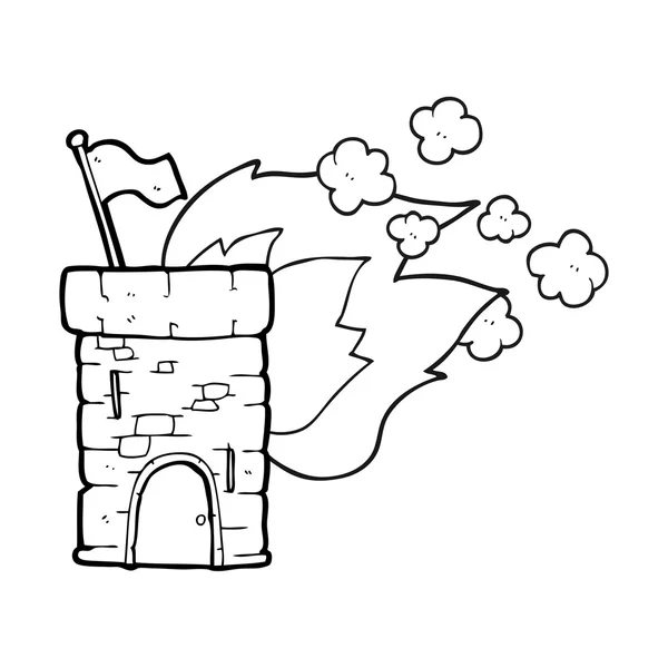 黑色和白色卡通燃烧城堡塔 — 图库矢量图片