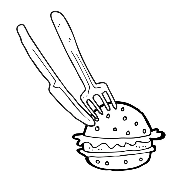 Cuchillo de dibujos animados en blanco y negro y tenedor en hamburguesa — Vector de stock