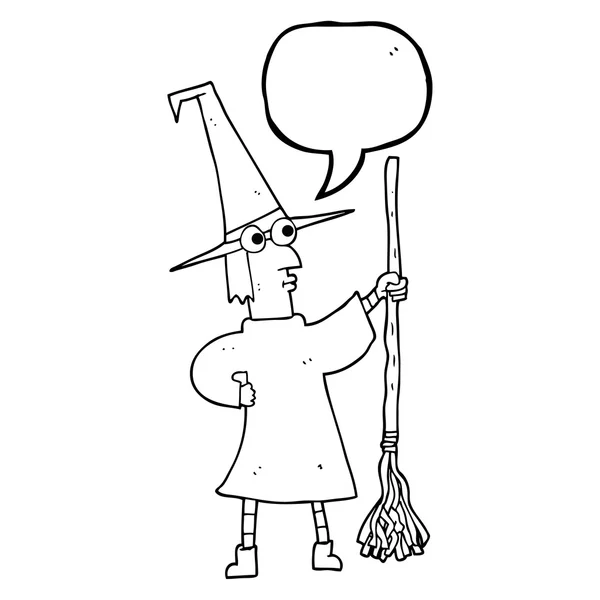 Speech bubble cartoon witch with broom - Stok Vektor