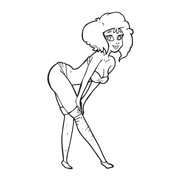 Negro y blanco dibujos animados pin up chica poner en medias — Archivo Imágenes Vectoriales