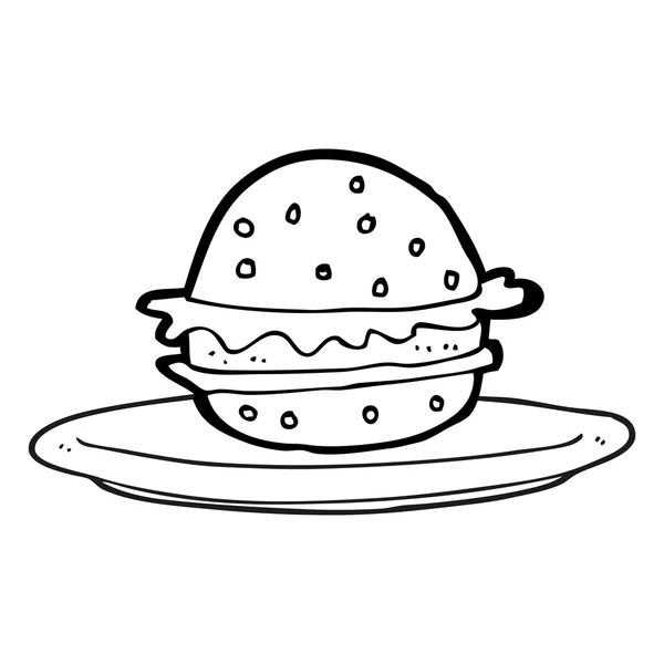 Чорно-білий мультяшний бургер на тарілці — стоковий вектор