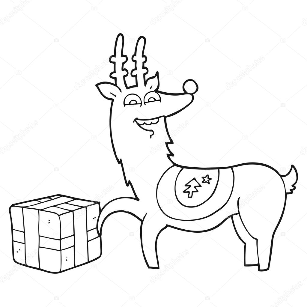 Renna Di Natale Del Fumetto Bianco E Nero Con Il Presente