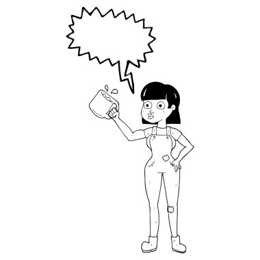 konuşma kabarcık karikatür kadın işçi ile kahve kupa