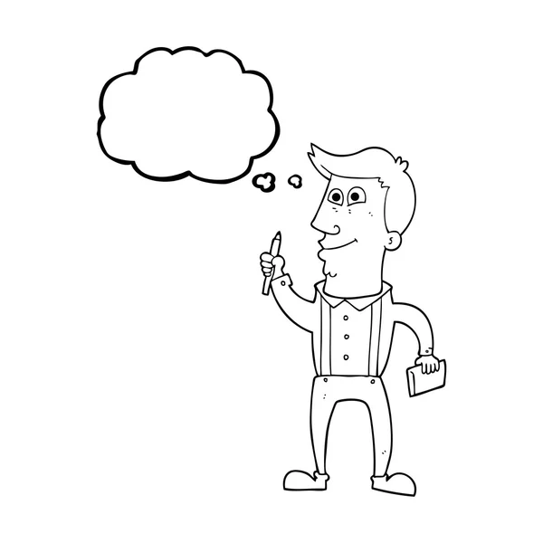 Hombre de dibujos animados burbuja pensamiento con cuaderno y pluma — Vector de stock