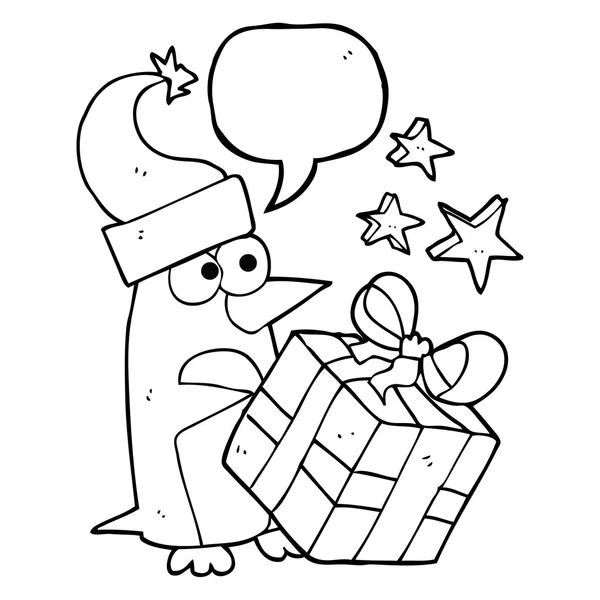Sprechblase Cartoon Weihnachtspinguin mit Geschenk — Stockvektor