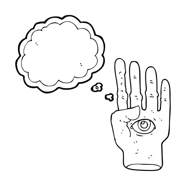 Σκέψη φούσκα γελοιογραφία spooky χέρι με το βολβό του ματιού — Διανυσματικό Αρχείο