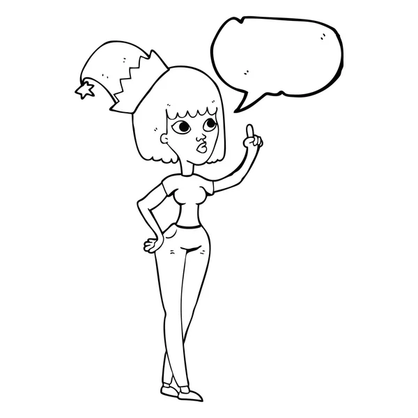 Toespraak bubble cartoon vrouw met kerst hoed — Stockvector