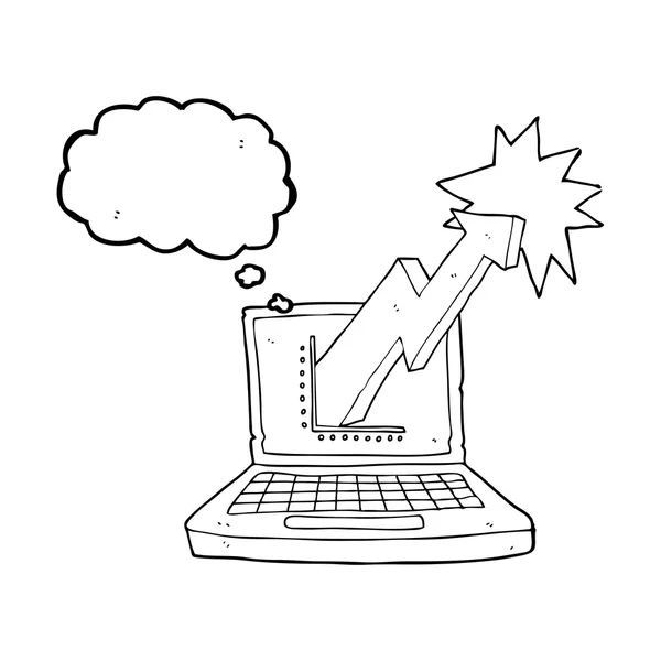 Computador portátil dos desenhos animados da bolha do pensamento com gráfico de negócio — Vetor de Stock