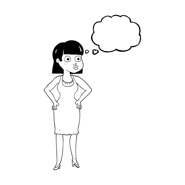 Pensamiento mujer de dibujos animados burbuja con las manos en las caderas — Vector de stock