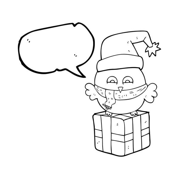 Fala bolha desenho animado bonito Natal coruja no presente — Vetor de Stock