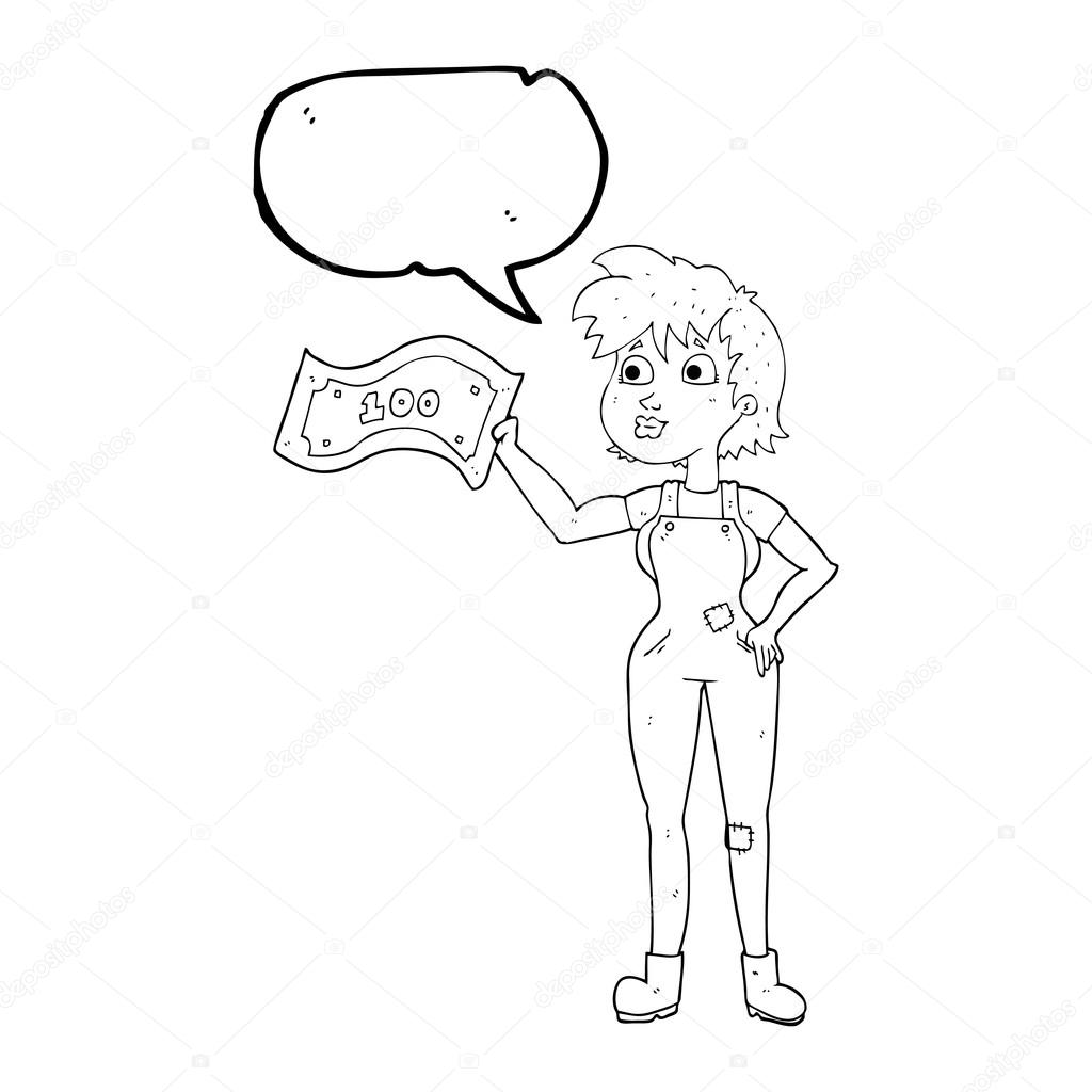 Disegnato a mano libera donna coltivatore fiducioso di discorso bolla del fumetto con soldi — Vettoriali di lineartestpilot Trova immagini simili