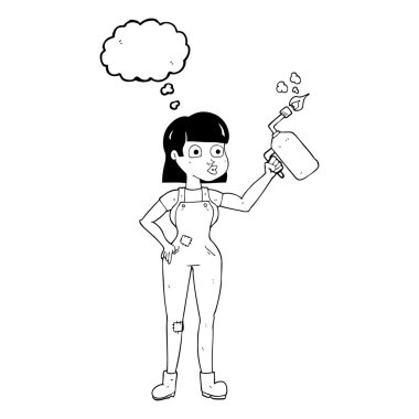 kabarcık karikatür kadın kaba pamuklu tulum içinde düşündüm