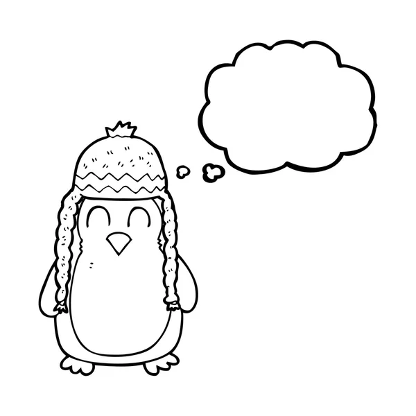 Pensée bulle dessin animé pingouin portant un chapeau — Image vectorielle