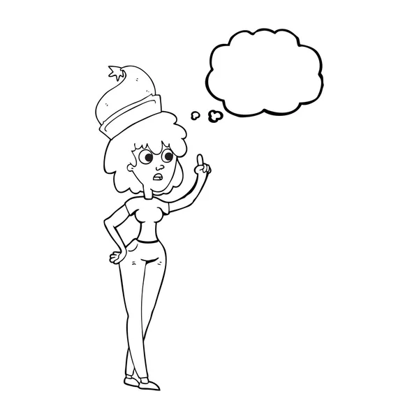 バブル漫画女性サンタの帽子をかぶっていると考え — ストックベクタ