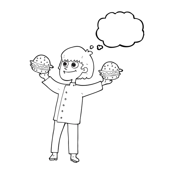 Dacht dat bubble cartoon chef-kok met hamburgers — Stockvector