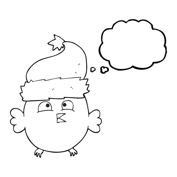 Мысль пузыря мультяшная сова носит рождественскую шляпу — стоковый вектор