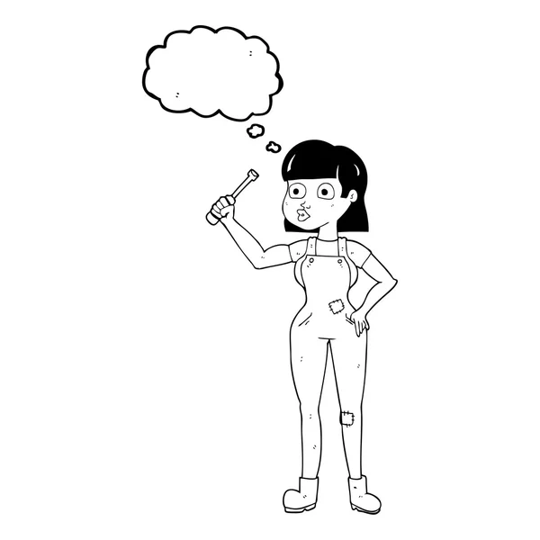 Pensée bulle dessin animé femme mécanicien — Image vectorielle