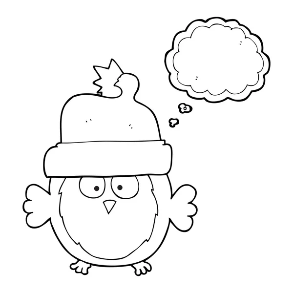 Pensamiento burbuja de dibujos animados búho con sombrero de Navidad — Vector de stock