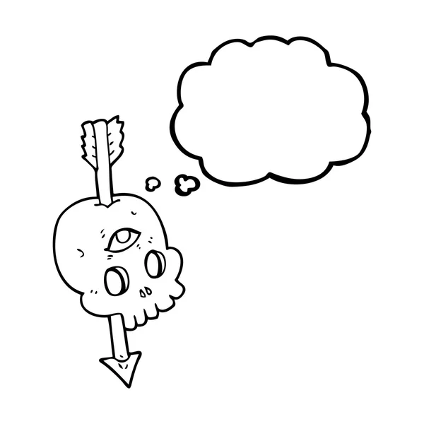 Thought bubble cartoon magic skull with arrow through brain — Stock Vector