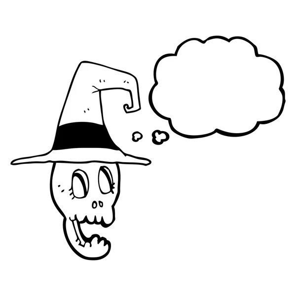 Pensamento bolha desenho animado crânio usando chapéu de bruxa — Vetor de Stock