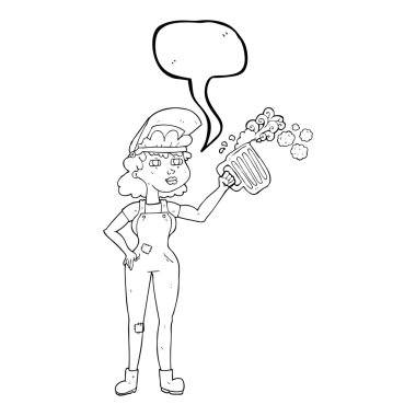 konuşma kabarcık karikatür çok çalışkan kadın bira ile 