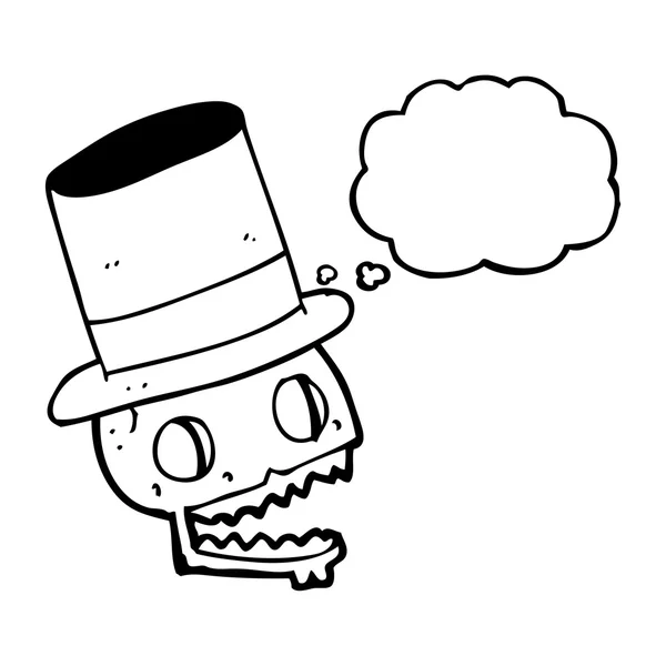 Thought bubble cartoon laughing skull in top hat — Stock Vector