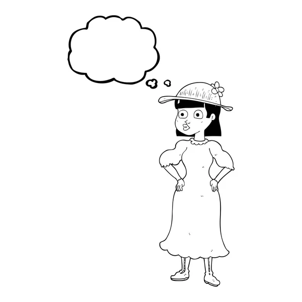 Gedankenblase Cartoon Frau in vernünftigem Kleid — Stockvektor