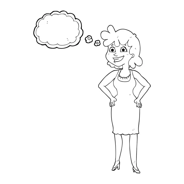 Gedankenblase Karikatur glückliche Frau trägt Kleid — Stockvektor