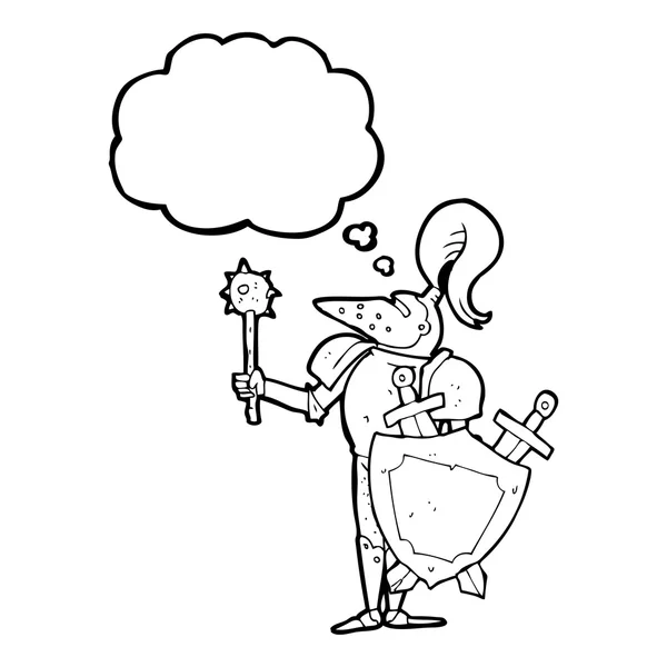 Pensée bulle dessin animé chevalier médiéval avec bouclier — Image vectorielle