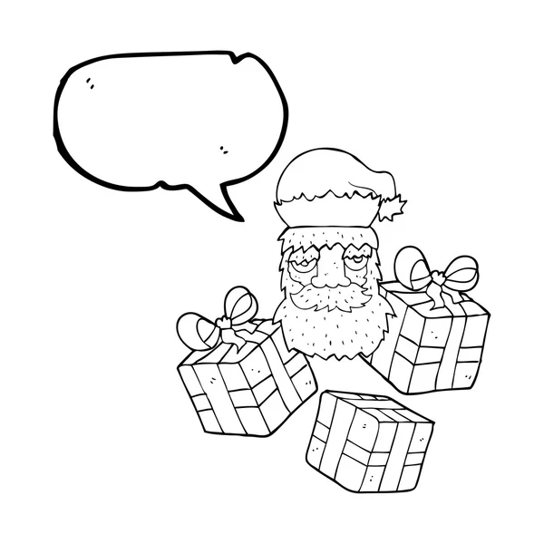 Discours bulle dessin animé fatigué santa claus visage avec cadeaux — Image vectorielle