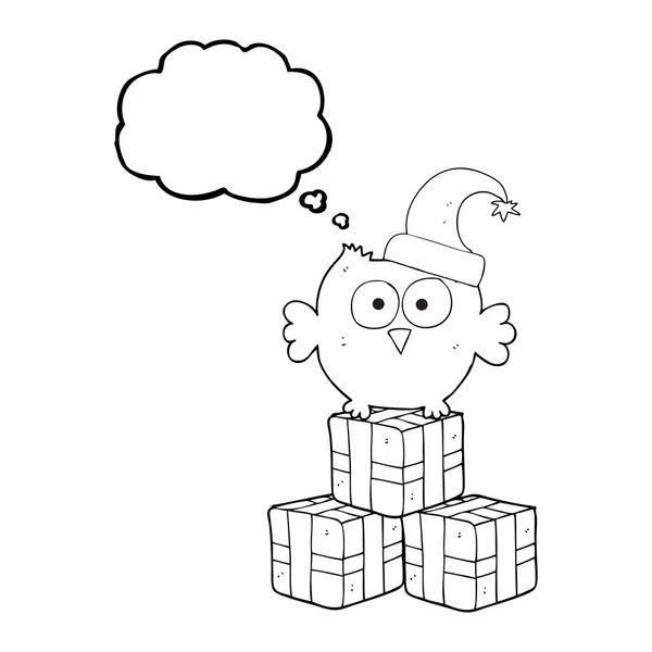 Gedankenblase Cartoon kleine Eule mit Weihnachtsmütze — Stockvektor