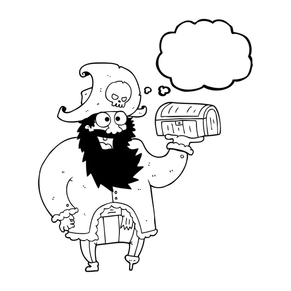 Pensamento bolha cartoon capitão pirata com baú do tesouro — Vetor de Stock
