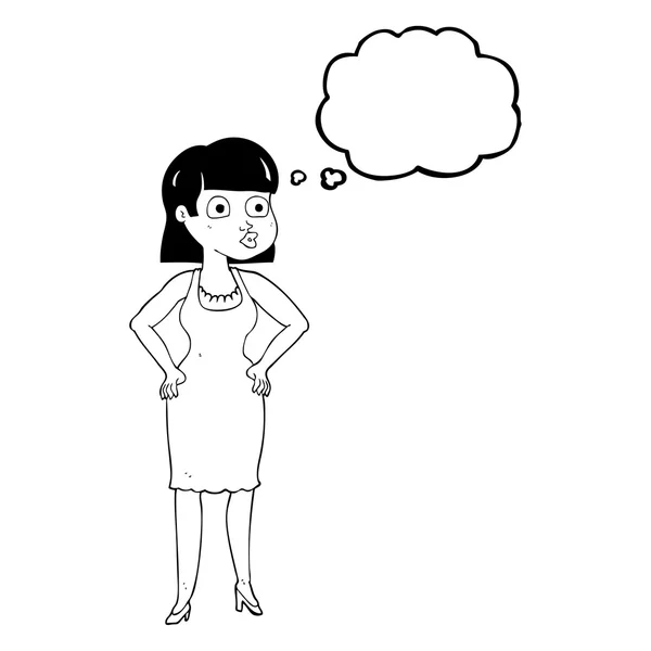 Gedachte zeepbel cartoon vrouw in jurk met handen op de heupen — Stockvector