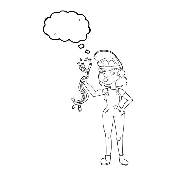 Pensée bulle dessin animé électricien femme — Image vectorielle