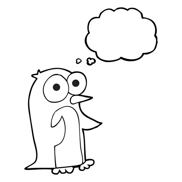 Pensiero bolla pinguino cartone animato con grandi occhi — Vettoriale Stock