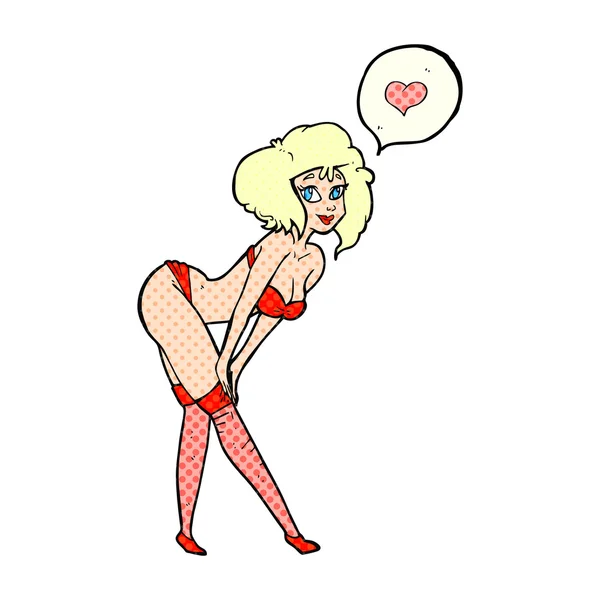 Fumetto discorso bolla cartone animato pin up ragazza mettendo su calza — Vettoriale Stock
