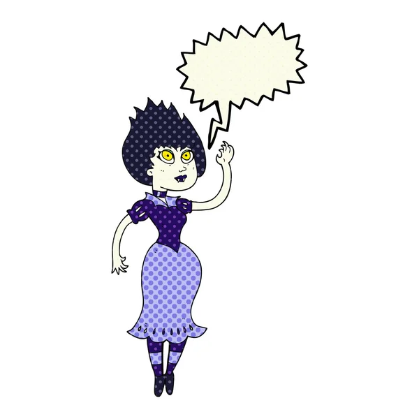 Comic book speech bubble cartoon vampire girl waving — Stock Vector