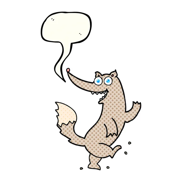 Historieta discurso burbuja dibujos animados feliz lobo bailando — Vector de stock