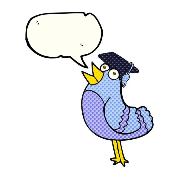 Historieta discurso burbuja dibujos animados pájaro usando gorra de graduación — Archivo Imágenes Vectoriales
