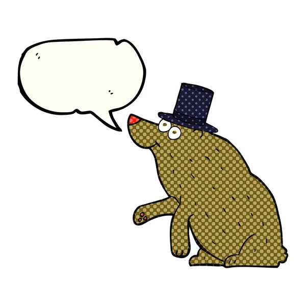 Comic book speech bubble cartoon bear in top hat — Stock Vector