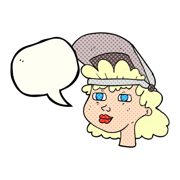 Komiks mowy Bańka kobieta kreskówka z maska spawalnicza — Wektor stockowy