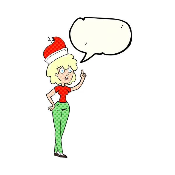 Bande dessinée discours bulle dessin animé femme portant santa chapeau — Image vectorielle