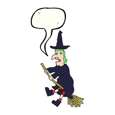 çizgi roman konuşma kabarcık karikatür cadı uçan süpürge üzerinde