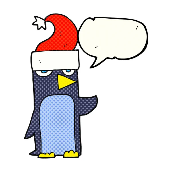 Comic book řeč bublina kreslený tučňák v klobouku vánoční — Stockový vektor