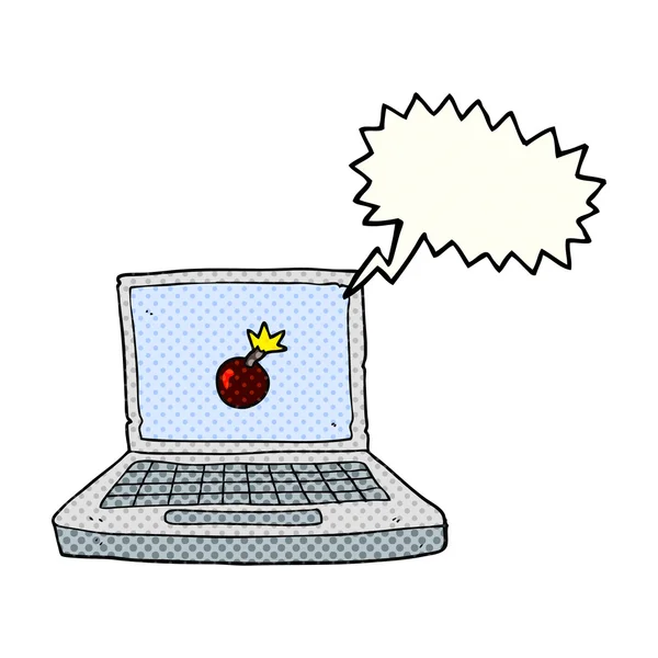 Comic book speech bubble cartoon laptop computer with bomb symbo — стоковый вектор
