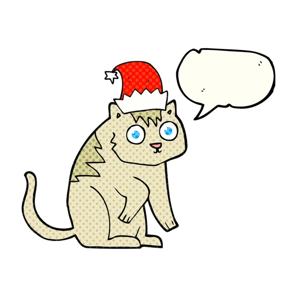Stripboek toespraak bubble cartoon kat met kerst hoed — Stockvector