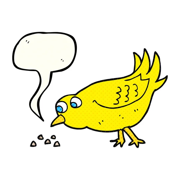 Komiks mowy Bańka kreskówka ptak dziobania nasiona — Wektor stockowy