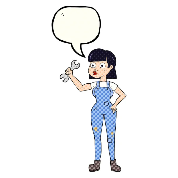 Comic book řeč bublina kreslený mechanik žena — Stockový vektor