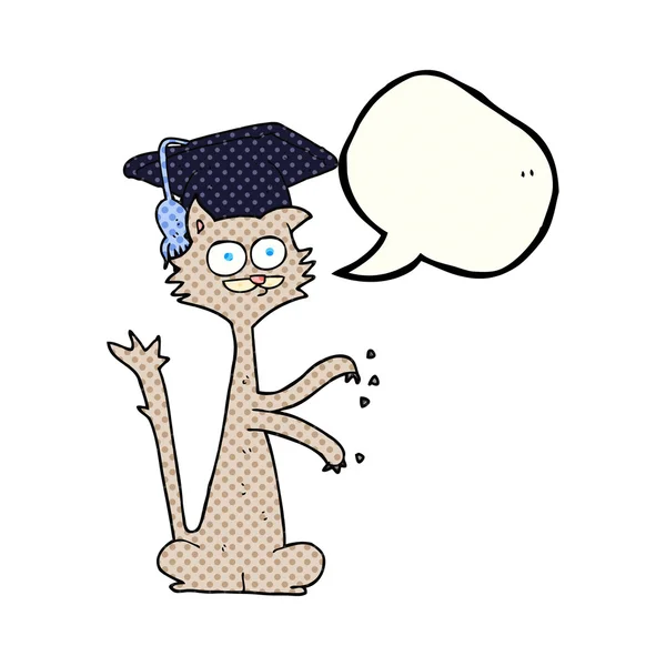 Комікс книга мовна бульбашка мультяшний кіт з випускною кепкою — стоковий вектор