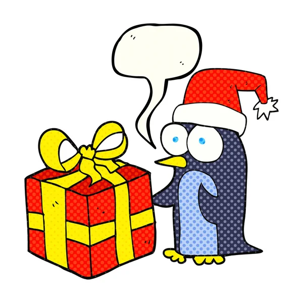 Comicbuch Sprechblase Cartoon Weihnachtspinguin mit Geschenk — Stockvektor